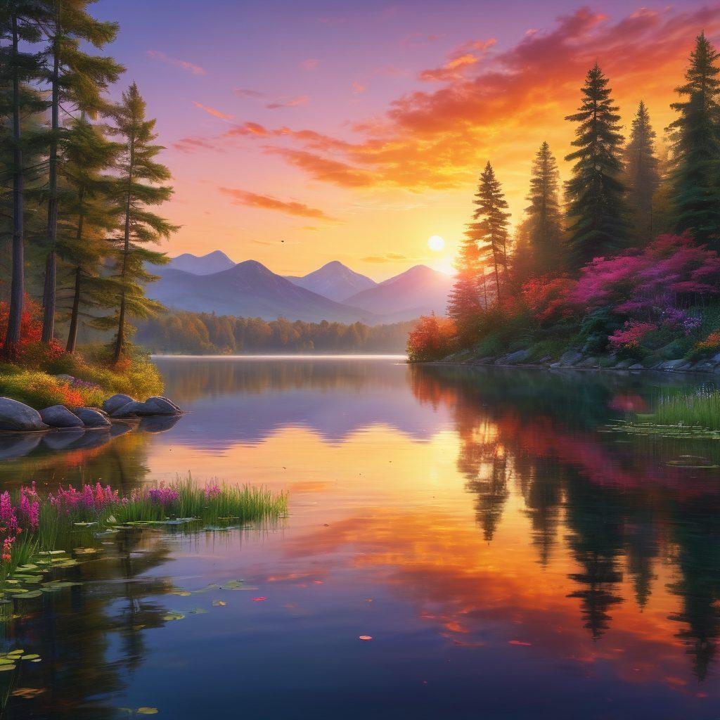 A serene landscape featuring a tranquil scene with a colorful sunset over a calm lake, reflecting the vibrant hues in the water. Add elements of nature like blooming flowers and lush greenery to embody a sense of well-being and happiness. Incorporate subtle visual motifs of joy such as floating feathers or gently glowing orbs. The overall ambiance should evoke peace and uplifting emotions. super-realistic. vibrant colors. serene atmosphere.