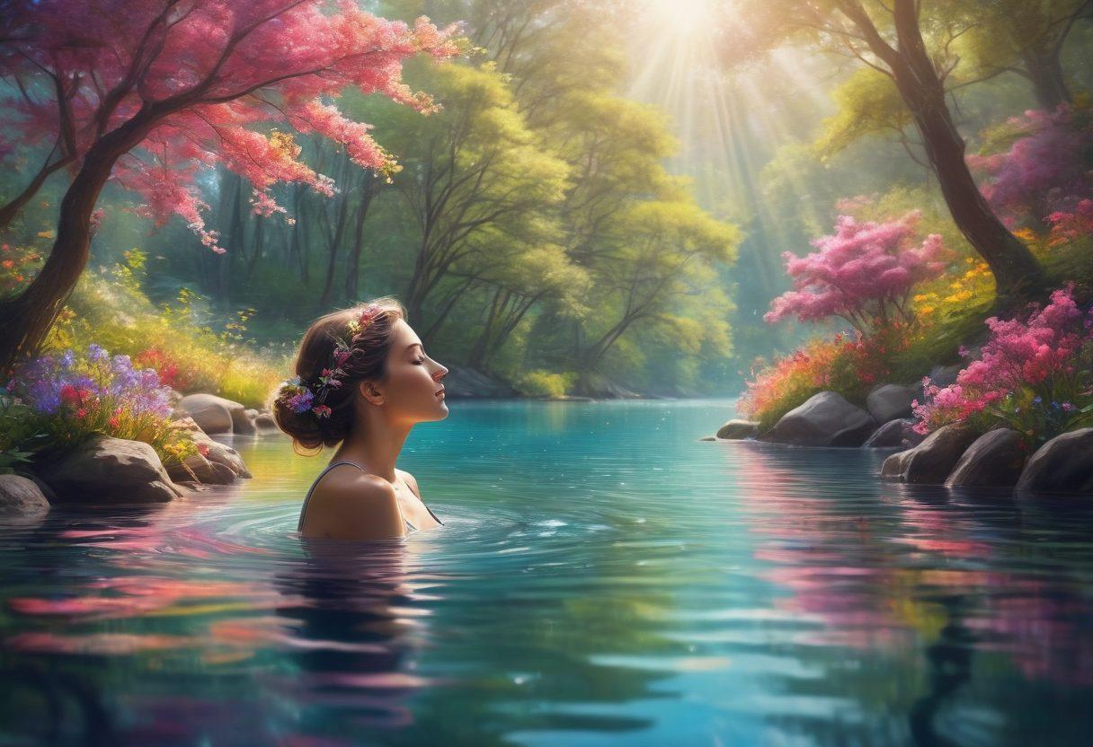 A serene and uplifting scene featuring a person joyfully immersed in nature, surrounded by colorful flowers and calming water, with ethereal light filtering through trees. Include visual elements like schematic illustrations of brain waves and emotions, woven subtly into the background. Capture a sense of tranquility and joy, highlighting the connection between aesthetics and positive mental states. painting. vibrant colors. soft focus.