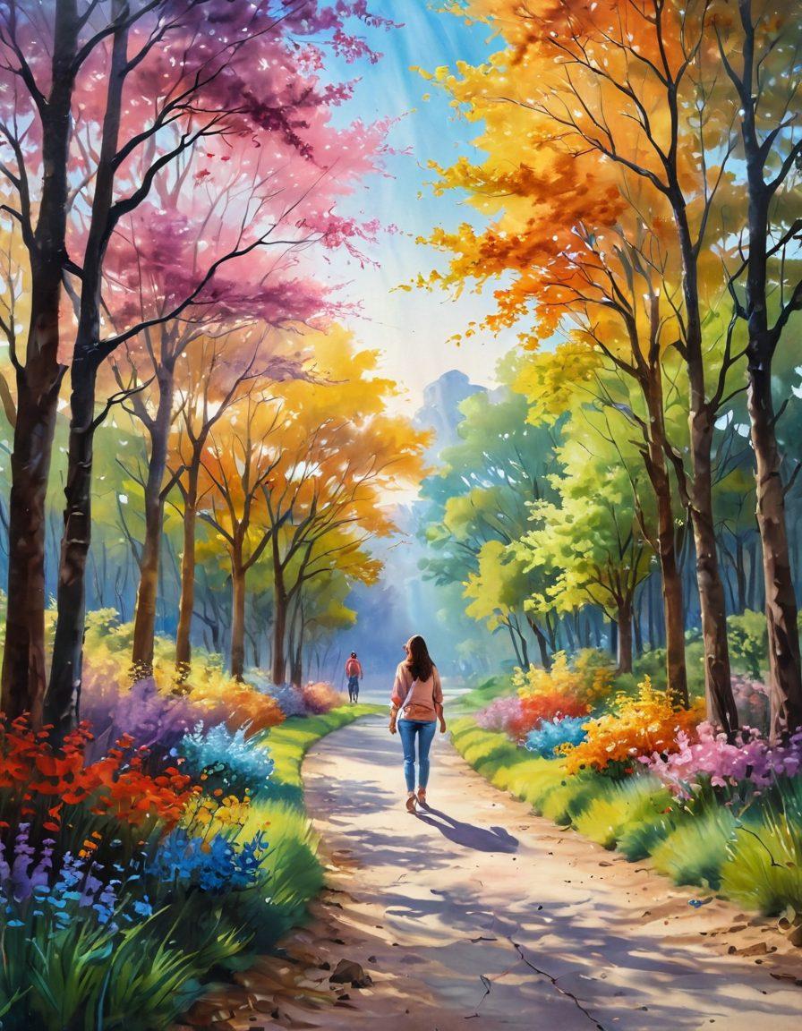 A serene landscape depicted in soft pastels, blending tranquil nature with bursts of vibrant colors symbolizing euphoria. Include a person joyfully interacting with art, surrounded by beautiful paintings and sculptures that evoke happiness. The atmosphere should feel uplifting and inspiring, illustrating the journey from contentment to euphoria. dreamy painting style. vibrant colors. soft focus.